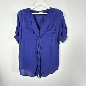 Odille Womens Blue Short Sleeve Rayon Blouse Size Small V-Neck Pockets Casual